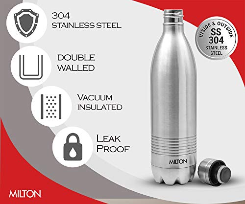 Milton Duo DLX 1000 Thermosteel 24 Hours Hot and Cold Water Bottle, 1 Piece, 1 Litre, Silver | Leak Proof | Office Bottle | Gym | Home | Kitchen | Hiking | Trekking | Travel Bottle