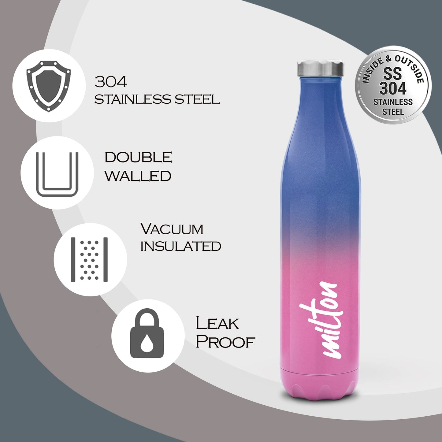 Milton Prudent 500 Thermosteel 24 Hours Hot and Cold Water Bottle, 510 ml, Pink Blue | Leak Proof | Easy to Carry | Office Bottle | Hiking | Trekking | Travel Bottle | Gym | Home | Kitchen Bottle