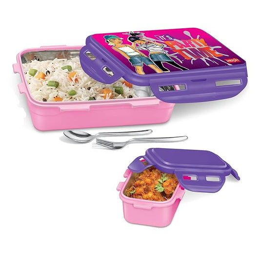 MILTON Mini Fun Treat Inner Stainless Steel Tiffin Box, 650 ml, with Inner Container, 120 ml, Spoon and Fork, Pink